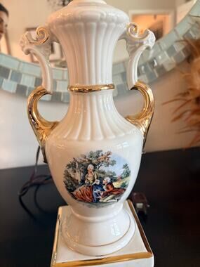 Vtg French Rococo Style Porcelain Table Lamp Courting Couple White Gold Floral